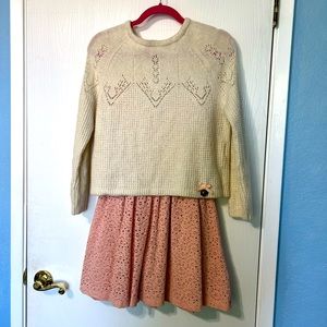 White sweater and pink lace dress combo